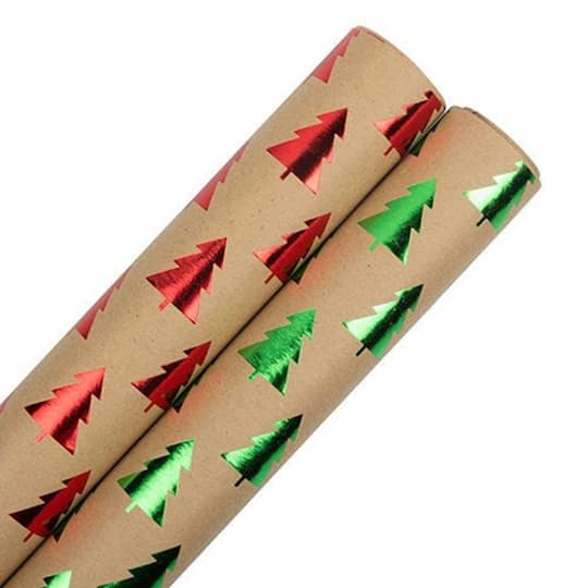 JAM Paper Red and Green Multicolor Christmas Trees Kraft Wrapping Paper, 2ct.